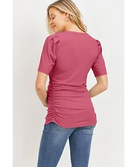 Hello Miz Maternity Ribbed Ruched Short Sleeve Puff Top