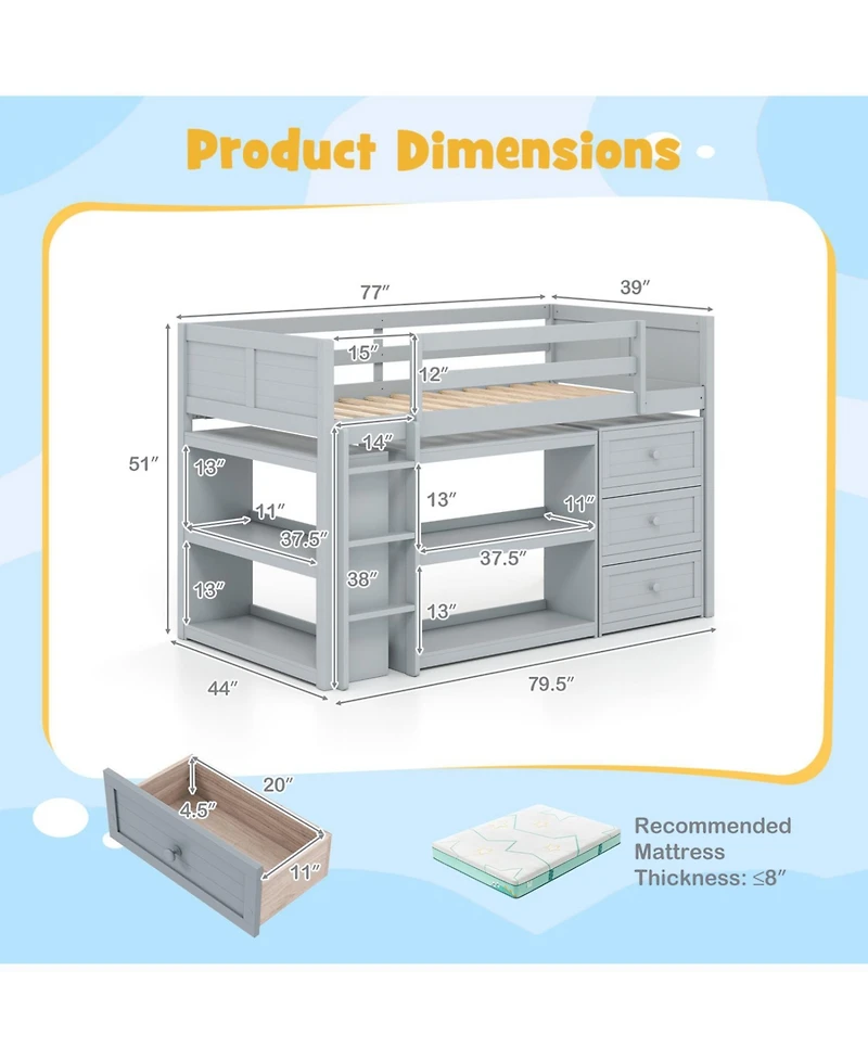 Slickblue Loft Bed for Kids with Led Lighting and Spacious Under Area Study or Play