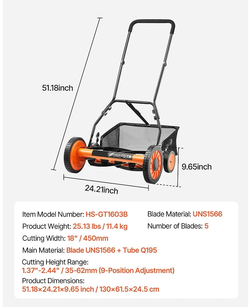 Mecale 18inch Push Reel Lawn Mower, 5-Blade Manual Mower, Adjustable Cutting Height, Includes Grass Catcher Bag
