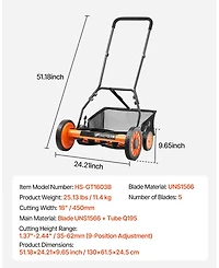 Mecale 18inch Push Reel Lawn Mower, 5-Blade Manual Mower, Adjustable Cutting Height, Includes Grass Catcher Bag