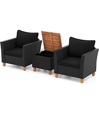 3PCS Outdoor Patio Rattan Furniture Set Wooden Table Cushioned Sofa
