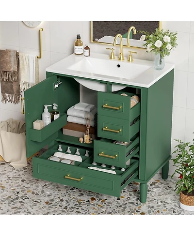Sillysis Bathroom Vanity with Ceramic Sink, Solid Wood Frame, 3 Drawers and Soft Close Door, Modern Storage Cabinet