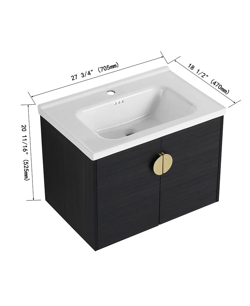 Sillysis Wall Mounted Bathroom Vanity with Ceramic Sink, Black Chestnut Plywood Cabinet