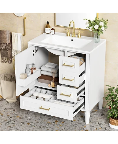 Sillysis Bathroom Vanity with Ceramic Sink, Solid Wood Frame, 3 Drawers and Soft Close Door, Modern Storage Cabinet