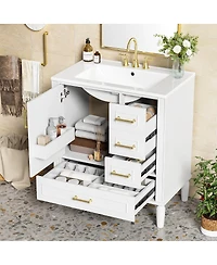 Sillysis Bathroom Vanity with Ceramic Sink, Solid Wood Frame, 3 Drawers and Soft Close Door, Modern Storage Cabinet