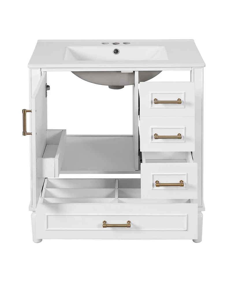 Sillysis Bathroom Vanity with Ceramic Sink, Solid Wood Frame, 3 Drawers and Soft Close Door, Modern Storage Cabinet
