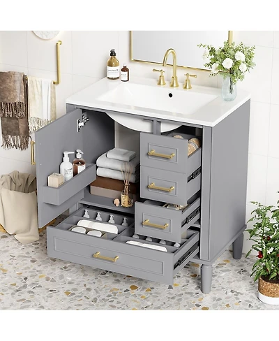 Sillysis Bathroom Vanity with Ceramic Sink, Solid Wood Frame, 3 Drawers and Soft Close Door, Modern Storage Cabinet