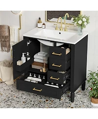 Sillysis Bathroom Vanity with Ceramic Sink, Solid Wood Frame, 3 Drawers and Soft Close Door, Modern Storage Cabinet