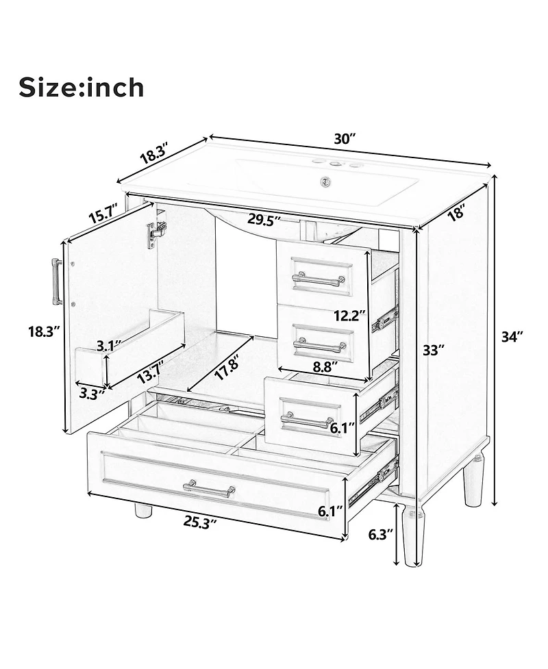 Sillysis Bathroom Vanity with Ceramic Sink, Solid Wood Frame, 3 Drawers and Soft Close Door, Modern Storage Cabinet