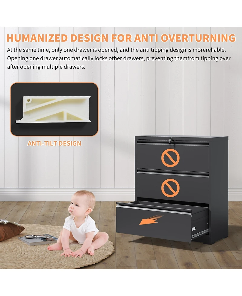 Rainsken 3 Drawer Lateral File Cabinet, Heavy-Duty Metal Filing Cabinet with Lock for Home Office, Fits Legal/Letter/A4/F4