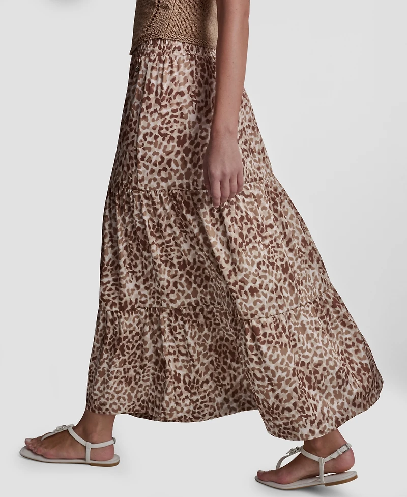 Dkny Jeans Women's Printed Elastic Waist Tiered Satin Skirt