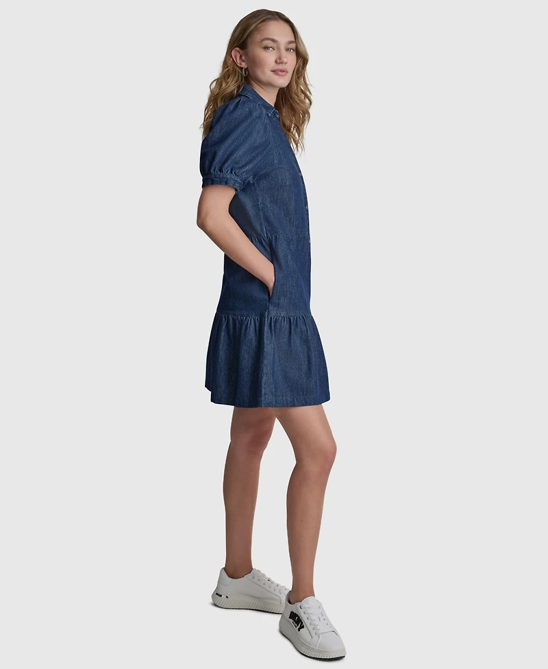 Dkny Jeans Women's Tiered Puff-Sleeve Collared Denim Cotton Mini Shirt Dress