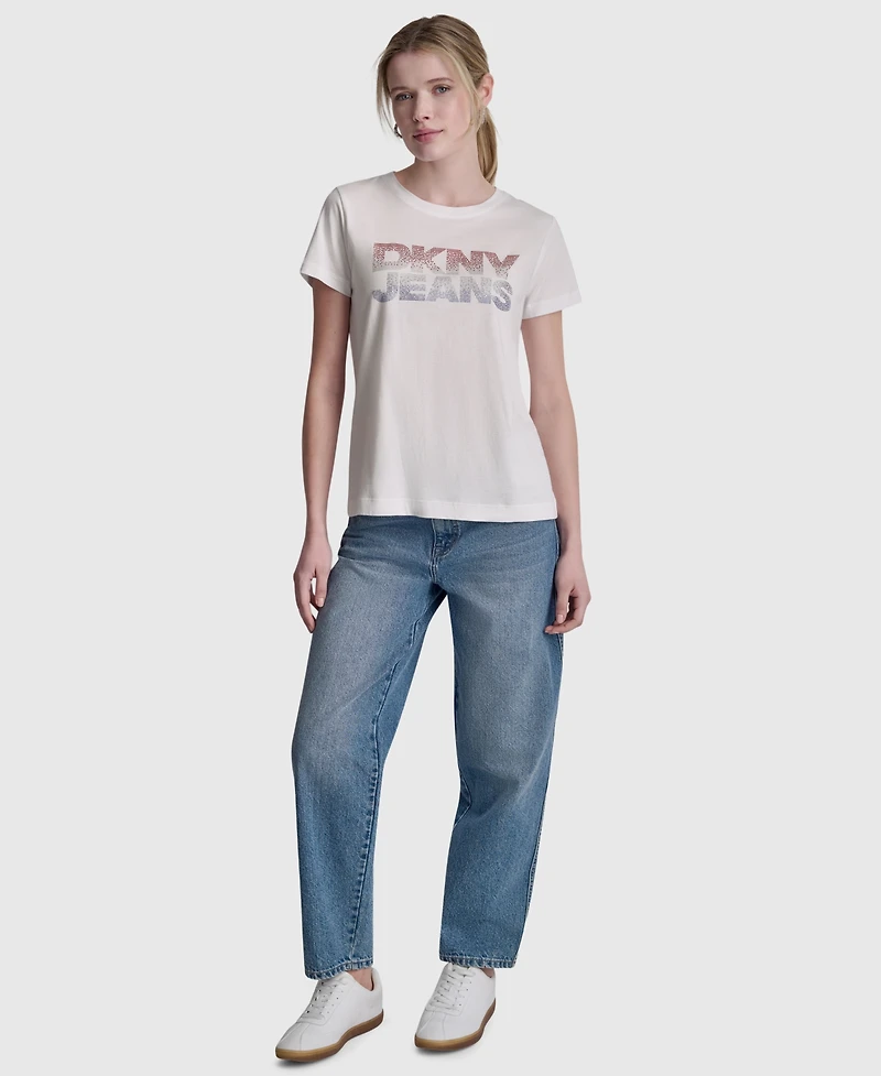 Dkny Jeans Women's Stacked Ombre Mini Rhinestone Logo Crewneck T-Shirt