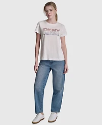 Dkny Jeans Women's Stacked Ombre Mini Rhinestone Logo Crewneck T-Shirt