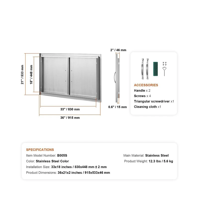 Sugift Bbq Access Door 36x21 in Double Outdoor Kitchen Door Stainless Steel Flush Mount