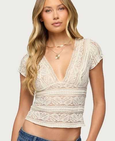 Edikted Women's Avalee Sheer Lace V Neck Top