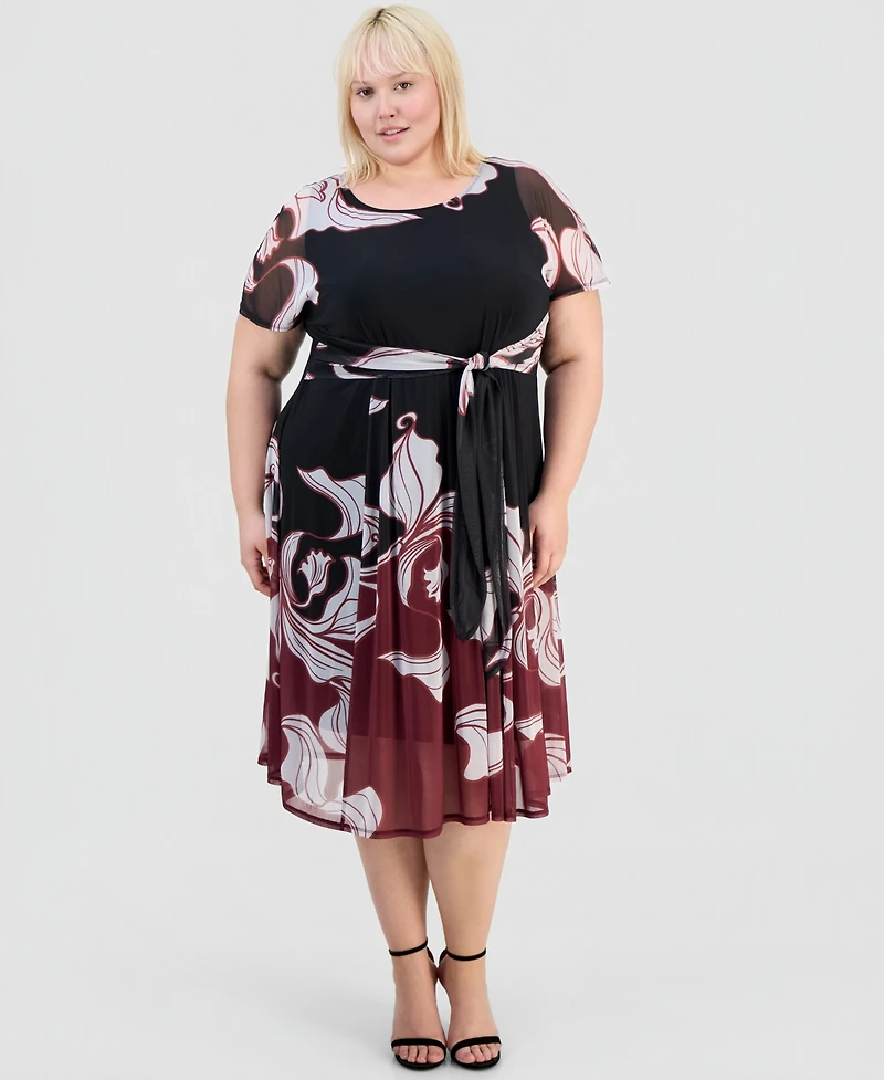 Robbie Bee Plus Placement-Print Tie-Front Dress
