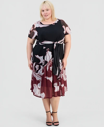 Robbie Bee Plus Placement-Print Tie-Front Dress