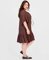 Robbie Bee Plus Ruffle-Hem Bell-Sleeve Split-Neck Dress