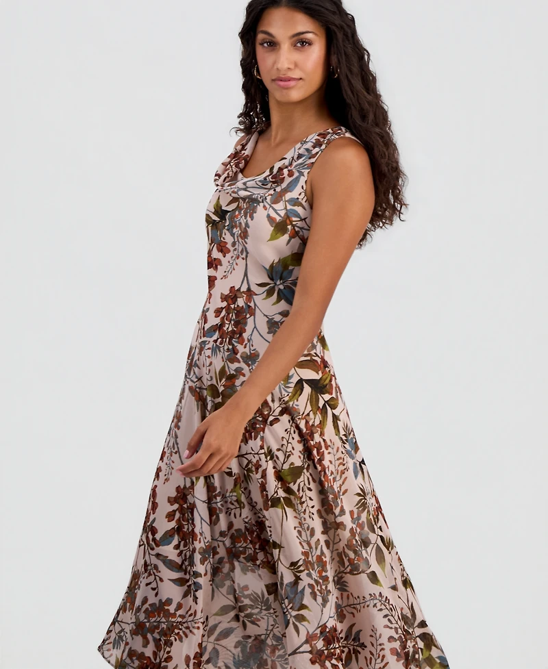 Robbie Bee Petite Printed Chiffon Drape-Neck Midi Dress