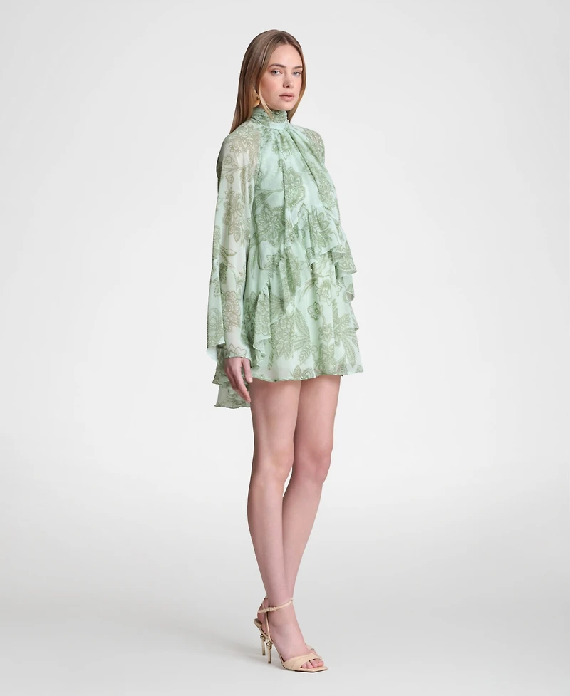 Avec Les Filles Women's Mock Neck Tiered Ruffle Mini Dress