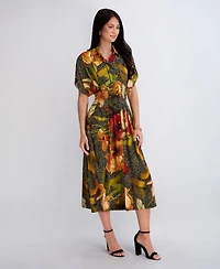 Kensie Women's Button-Front Collared Neck Midi Shirt Dress