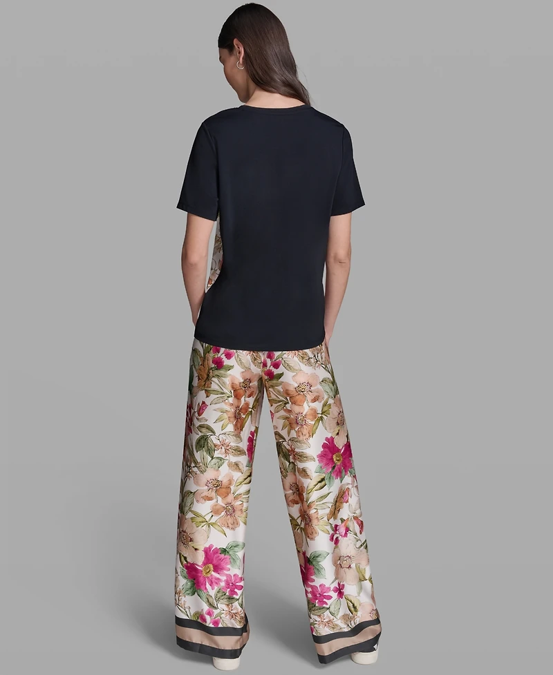 Karl Lagerfeld Paris Women's Short-Sleeve Mixed Media Print Knit Top