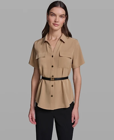 Karl Lagerfeld Paris Women's Short-Sleeve Belted Woven Top
