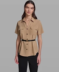Karl Lagerfeld Paris Women's Short-Sleeve Belted Woven Top