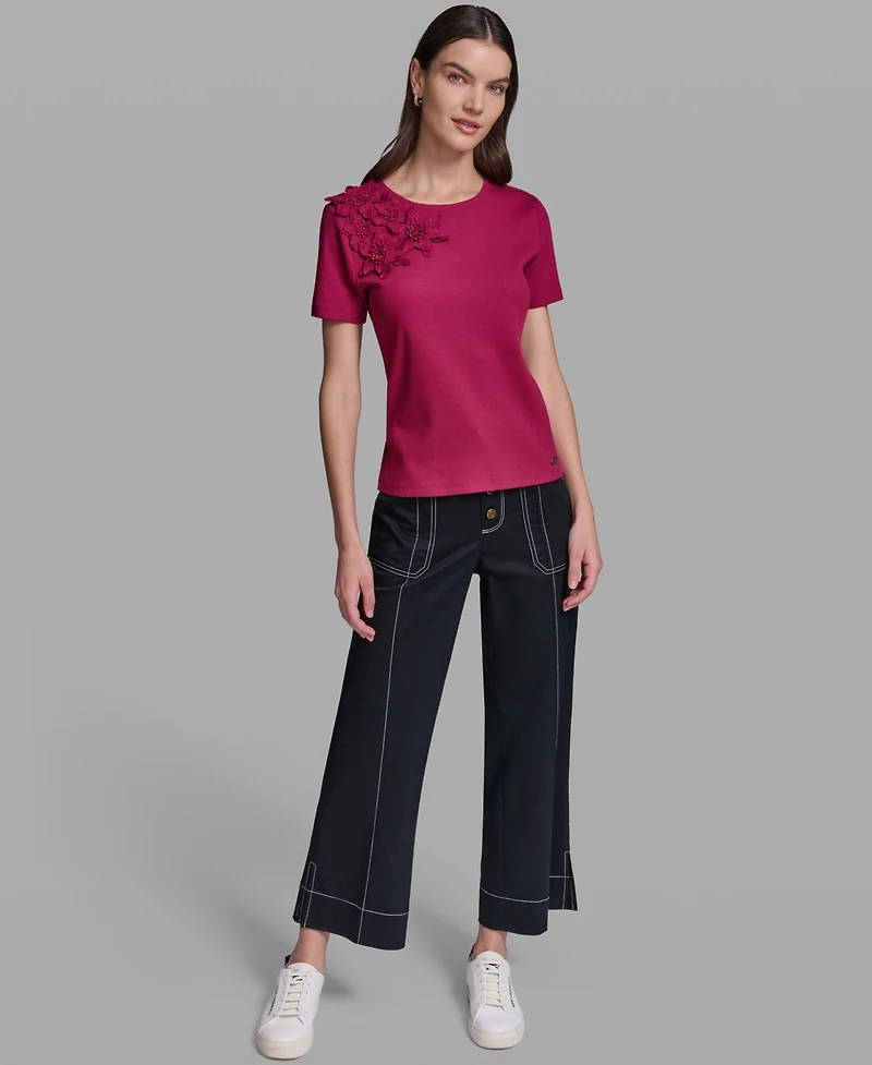 Karl Lagerfeld Paris Women's Floral Applique Short-Sleeve Rib Knit Top