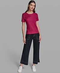 Karl Lagerfeld Paris Women's Floral Applique Short-Sleeve Rib Knit Top