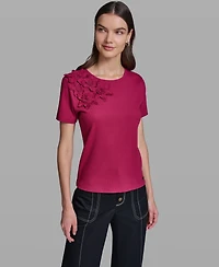 Karl Lagerfeld Paris Women's Floral Applique Short-Sleeve Rib Knit Top