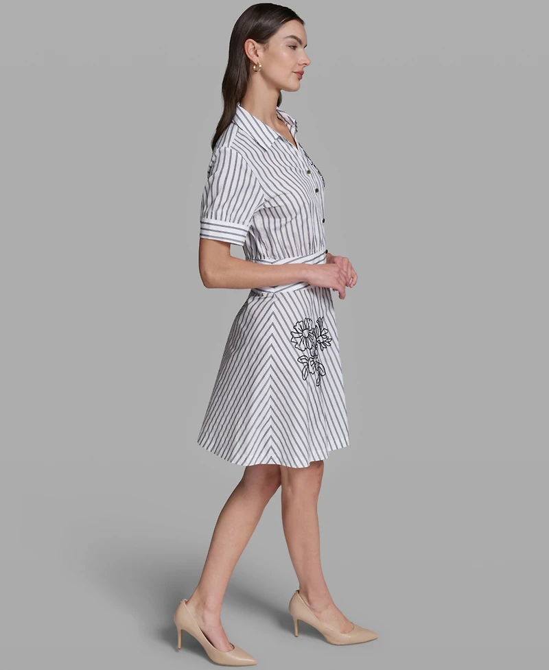 Karl Lagerfeld Paris Women's Poplin Short-Sleeve Collared Striped Cotton Dress