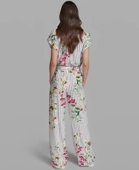 Karl Lagerfeld Paris Womens Short Sleeve Bungee Woven Collared Top Soft Mid Rise Pull On Pants