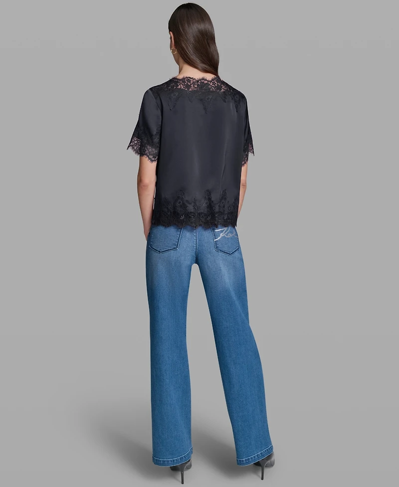 Karl Lagerfeld Paris Women's Short-Sleeve Lace Trim Blouse