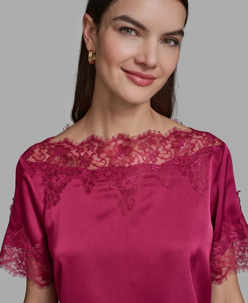 Karl Lagerfeld Paris Women's Short-Sleeve Lace Trim Blouse