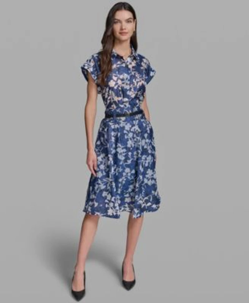 Karl Lagerfeld Paris Womens Bungee Burnout Short Sleeve Woven Shirt Burnout Belted A Line Skirt