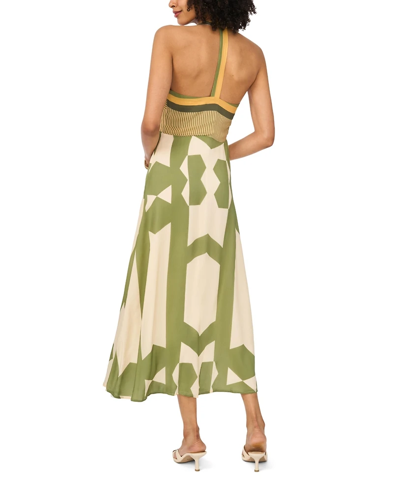 Vince Camuto Women's Mixed-Print V-Neck Maxi Halter Dress