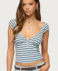 Edikted Women's Aina Striped V Neck Henley Top