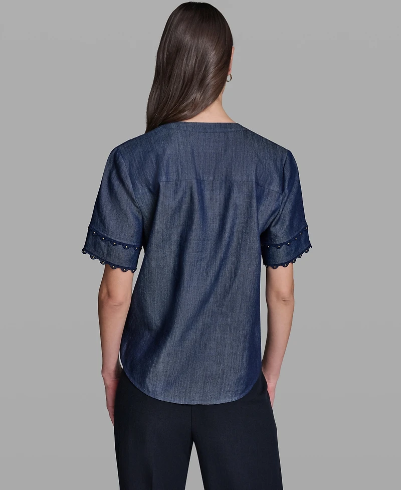 Karl Lagerfeld Paris Women's V-Neck Nailhead Trim Short-Sleeve Blouse