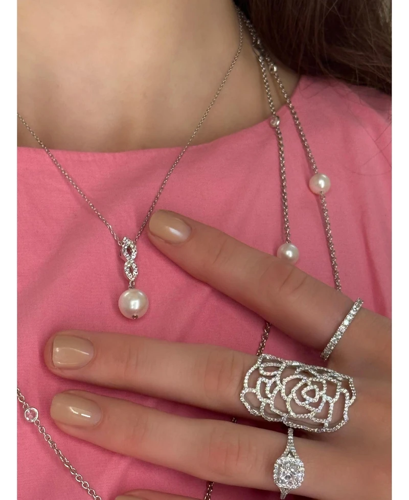 Suzy Levian Sterling Silver Pearl and White Sapphire Infinity Pendant
