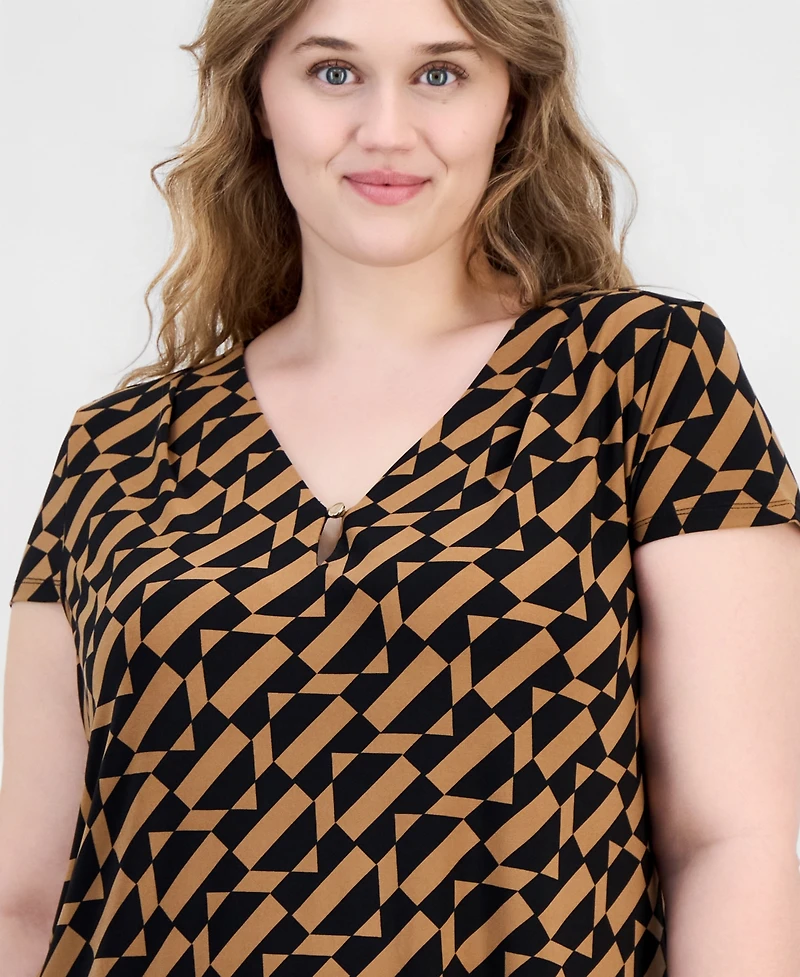 Anne Klein Essentials Plus Printed V-Neck Cap-Sleeve Top