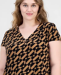 Anne Klein Essentials Plus Printed V-Neck Cap-Sleeve Top