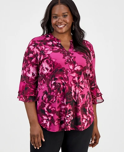 Kasper Plus Split-Neck Printed Flutter-Sleeve Top
