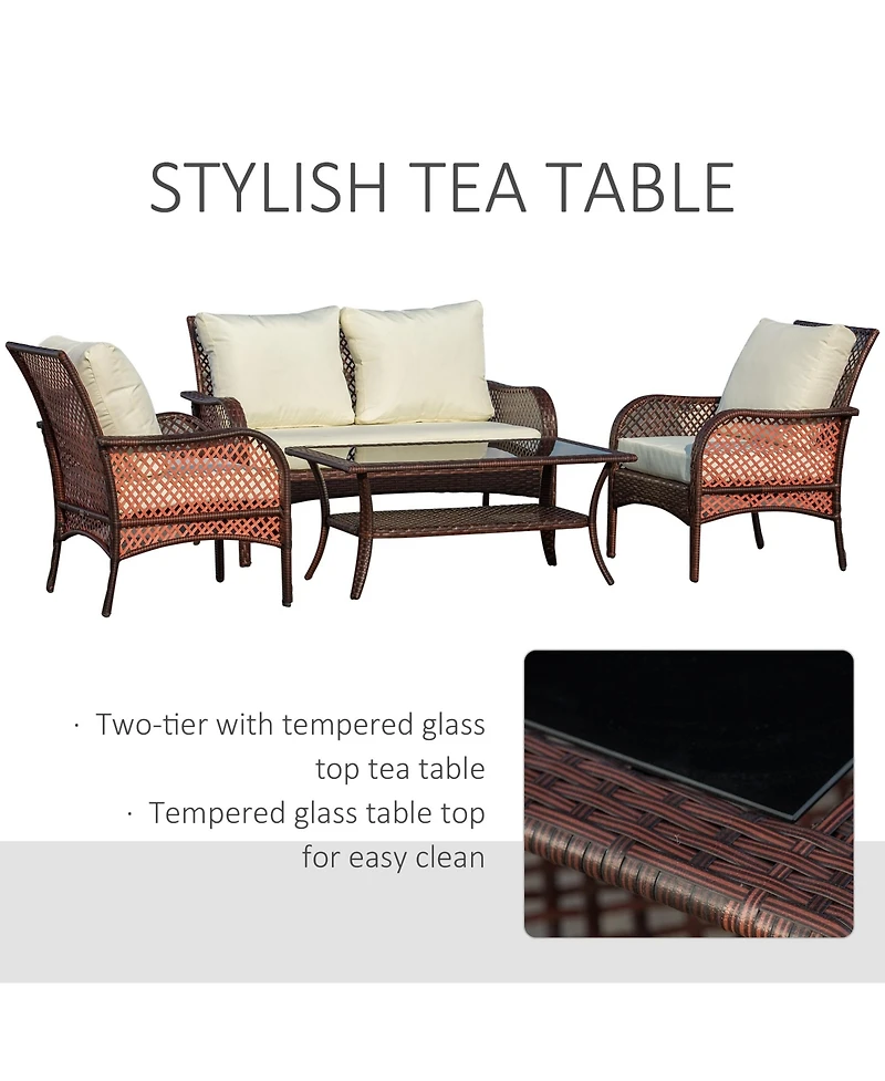 Outsunny 4-Piece Outdoor Rat Sofa Conversation Set w/ Chairs & Table,