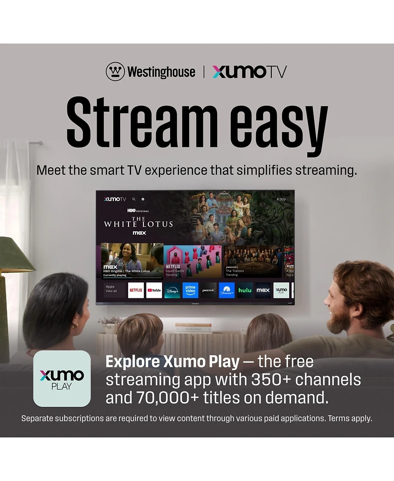 Westinghouse 65" 4K Uhd Xumo Smart Tv with HDR10, Dolby Vision, Voice Remote, Wi-Fi, Apple HomeKit