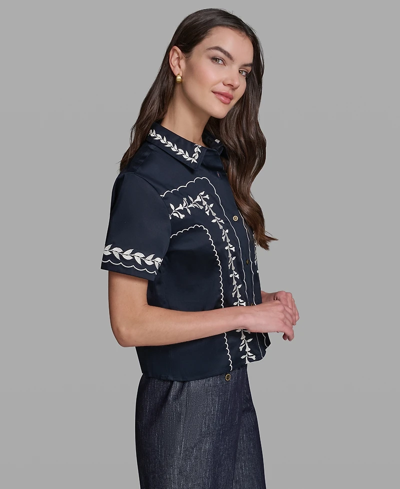 Karl Lagerfeld Paris Petite Floral Embroidered Short-Sleeve Shirt