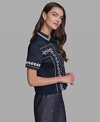 Karl Lagerfeld Paris Petite Floral Embroidered Short-Sleeve Shirt