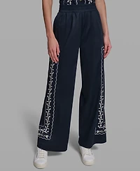 Karl Lagerfeld Paris Petite Embroidered Mid-Rise Floral Pants