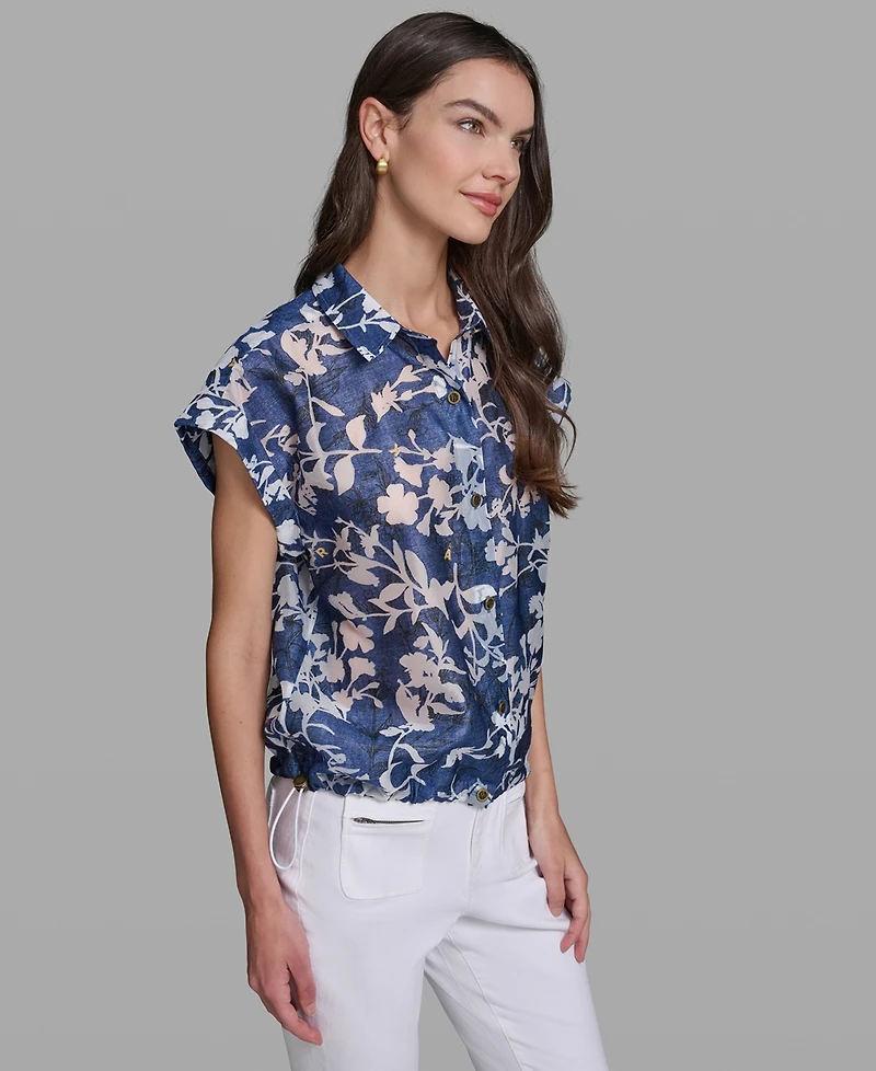 Karl Lagerfeld Paris Petite Printed Collared Neck Bungee Top